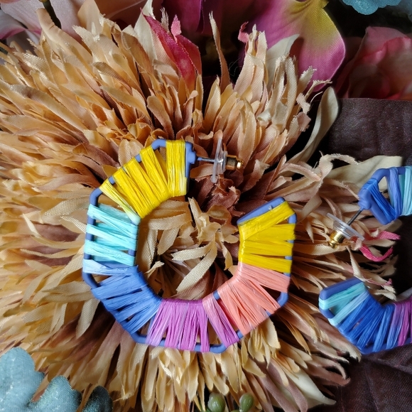 NWT Pastel Octogonal Raffia Open Hoop Earrings - Picture 11 of 14